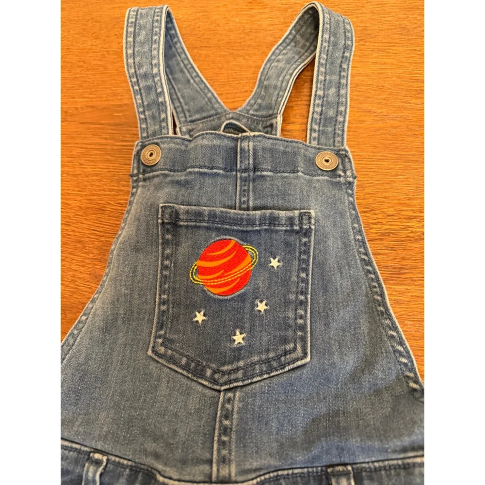 Gymboree Girls Denim Short Overalls Size 7 Space Rocket Planet Embroidered
